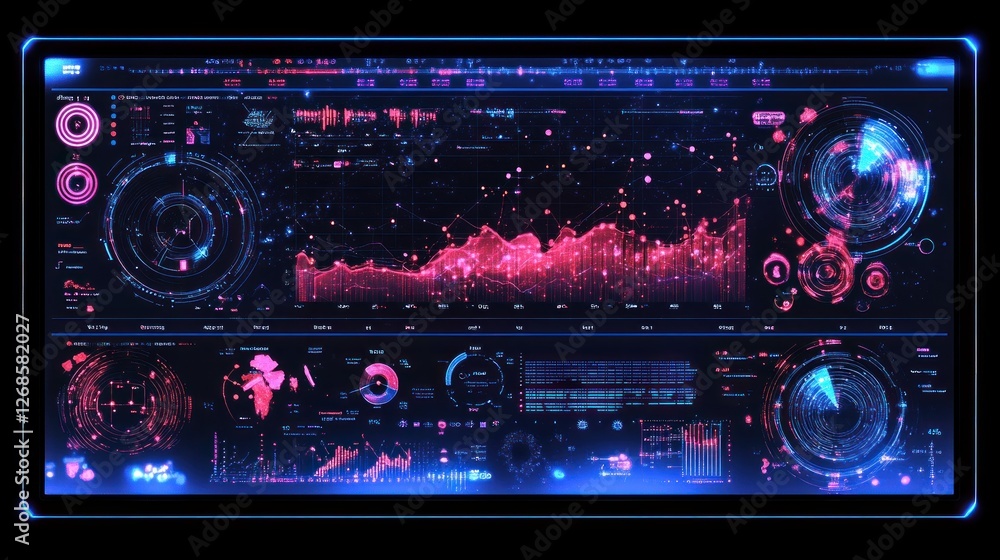 Poster futuristic digital interface displays data analysis graphs