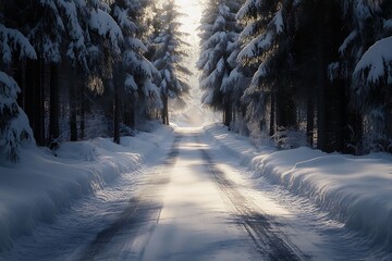 Winter road in the forest at sunset. Beautiful winter landscape with snowy road