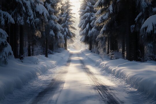 Winter road in the forest at sunset. Beautiful winter landscape with snowy road
