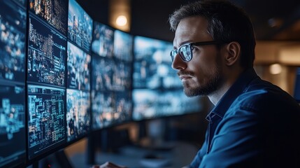 Man analyzing data on computer screen for project management and strategic planning in office environment