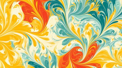 Abstract Swirling Marbled Paint Design in Yellow Orange and Teal