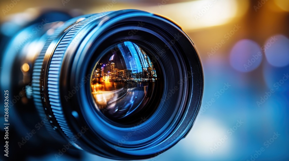 Poster camera lens with blur effect showcasing photography project management and teamwork concepts