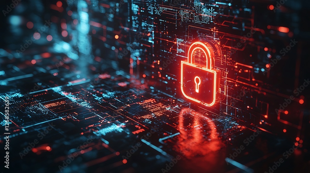 Poster cyber security lock glowing digital circuit background