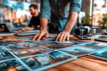 Person reviewing a collection of photographs for project management and teamwork collaboration