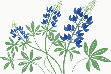 Native Texas bluebonnets with scattered green leaves in a lively design.