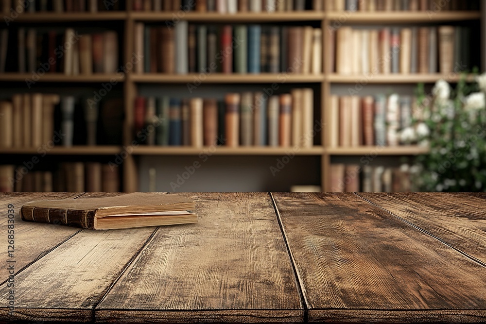 Poster old and antique books on a wooden table against the backdrop of a blurred bookshelf, providing ample