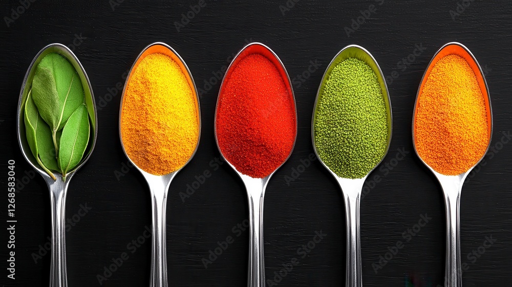Poster five spoons filled with various colorful spices on a dark background. close up view showcasing vibra