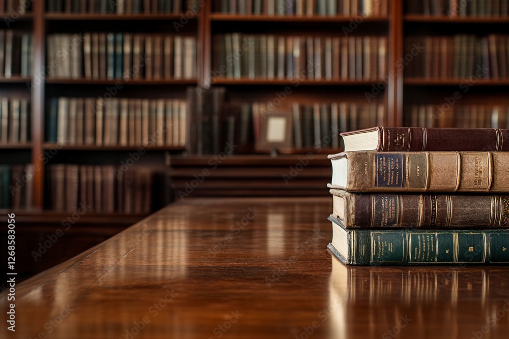 Poster old and antique books on a wooden table against the backdrop of a blurred bookshelf, providing ample