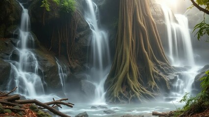 Misty veil surrounds ancient tree roots in waterfalls depths, forest, mist