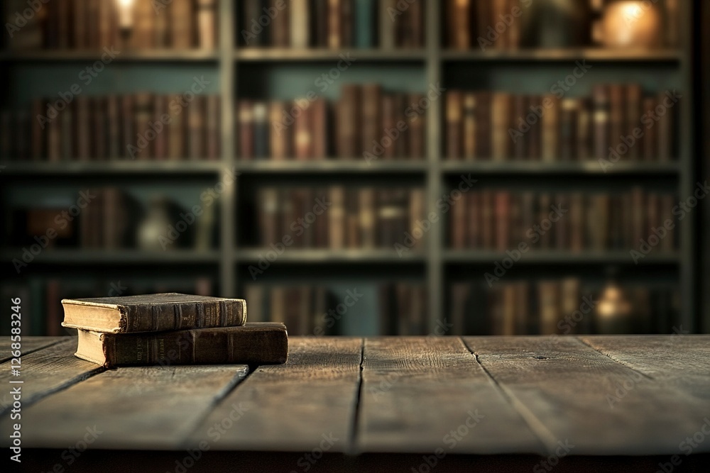 Poster old and antique books on a wooden table against the backdrop of a blurred bookshelf, providing ample