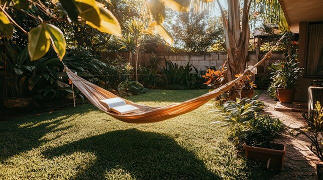 Serene Backyard Hammock Relaxation with Open Book