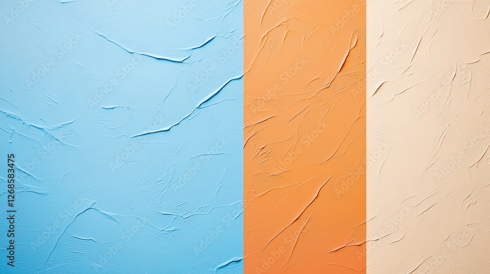 Poster abstract textured background with three colorful panels in blue, orange, and beige creating a minima