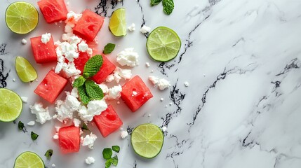 A deconstructed view of watermelon and mint salad, with separate element like watermelon cubes, mint leaves, crumbled feta and lime wedges, artistically arranged on a marble background
