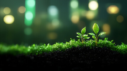 Two Green Seedlings Emerging from Dark Soil with Bokeh Lights