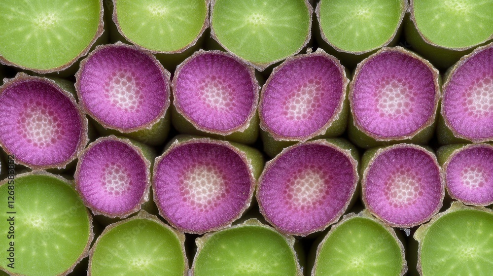 Poster close up view of numerous cross sections of purple and green plant stems arranged in rows, revealing