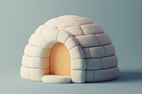 A pastel 3D igloo settlement with snowy domes and arctic landscape. Whimsical winter scene featuring soft shapes, gentle tones, and a cozy frozen environment.
