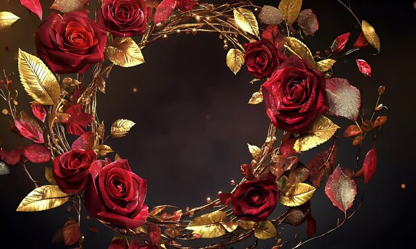 Luxurious floral wreath with deep red roses and golden leaves on a dark background. A perfect decorative frame for elegant, romantic, and festive design projects