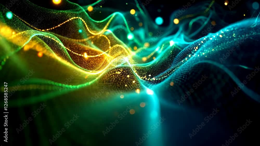 Poster vibrant abstract waveforms: dynamic neon light trails and particle motion