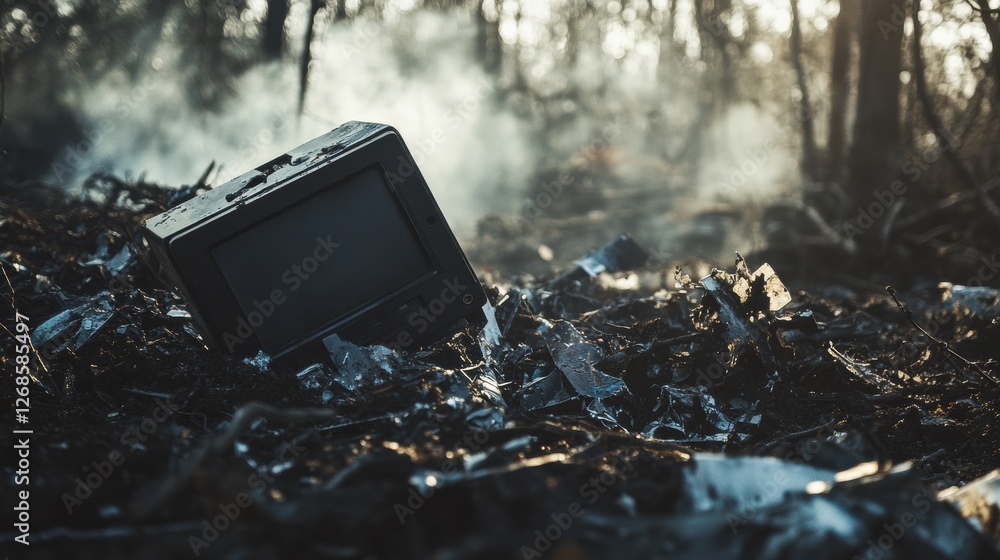 Poster black box recorder surrounded by airplane debris in a forested crash site during early morning light