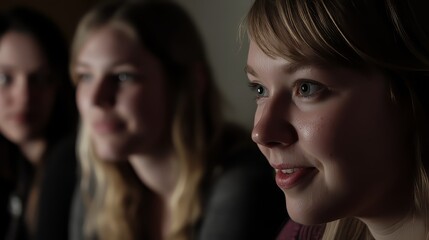 Fototapeta premium Engaged young women in a thoughtful discussion during a dimly lit gathering.