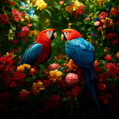 Fototapeta premium Two Macaws Among Vibrant Tropical Flowers