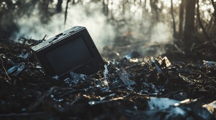 Black box recorder surrounded by airplane debris in a forested crash site during early morning light. Generative AI