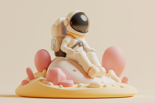 A pastel 3D astronaut sitting on a rocky alien landscape. Whimsical space scene featuring soft shapes, dreamy colors, and a serene cosmic exploration concept.
