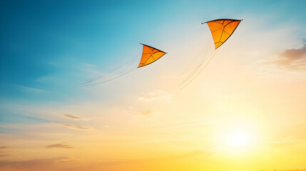 Two Orange Kites Flying in a Sunset Sky