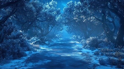 Moonlit Winter Path Through a Snowy Forest