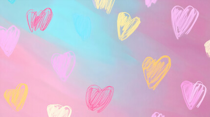 A colorful background featuring pastel hearts in various shades, creating a playful and cheerful atmosphere.