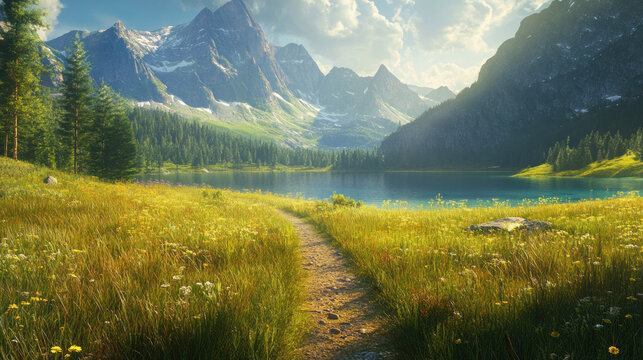 Mountain lake path, summer meadow, scenic Alps. Nature travel postcard