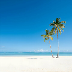 Obraz premium Two Palm Trees on White Sand Beach Under Bright Blue Sky