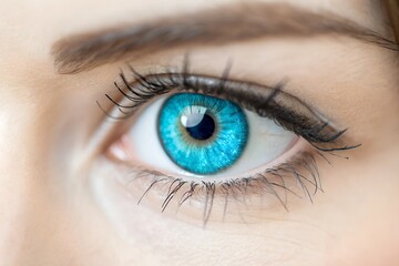 Obraz premium A close-up of an eye with a vibrant blue cosmetic contact lens, altering the natural eye color.