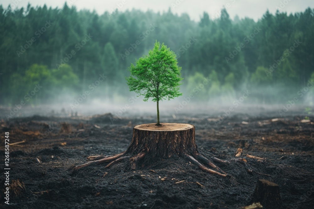 Aufkleber young tree growing from the stump of a cut tree in a misty forest during early morning light. genera