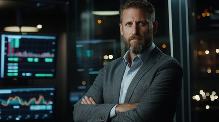 Fototapeta premium A man in a tailored suit poses with crossed arms in a sleek financial office. Monitors displaying stock market data illuminate the background in the evening setting