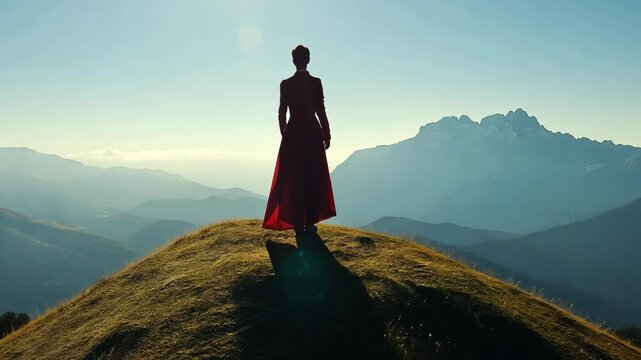 Woman stands on a mountaintop overlooking a vast landscape at sunset in a flowing red dress