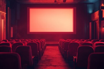 Fototapeta premium Empty cinema interior with red lighting and large screen ready for a movie showing at nighttime. Generative AI