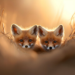 Fototapeta premium Two Red Fox Kits in Golden Hour Light