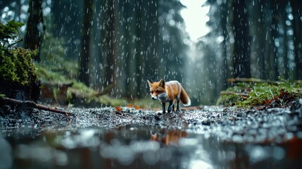 A fox navigates a muddy trail in a dense forest during rainfall. The setting is tranquil, with raindrops creating ripples in puddles and sunlight filtering through the trees