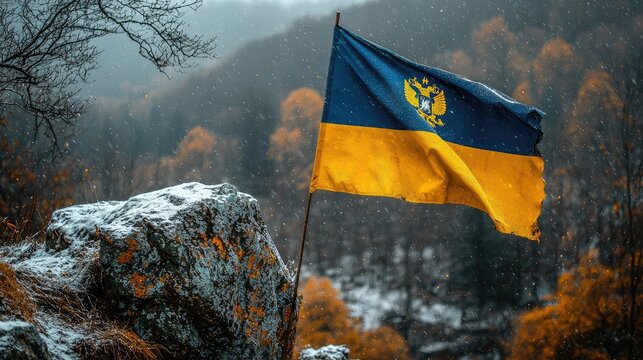 A Moldovan flag waves in snowy autumnal landscape