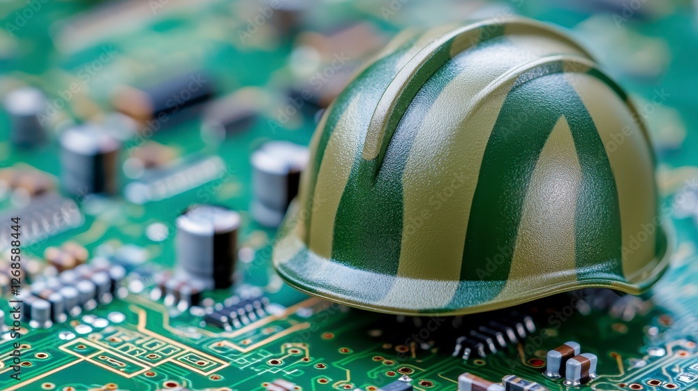 Poster close up view of a miniature green and tan hard hat resting on a complex electronic circuit board. t