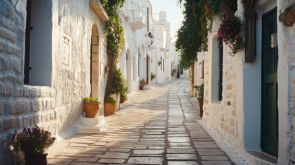 Obraz premium Whitewashed alleyway, sunlit streets, Italian village, charming town, perfect for travel postcards, tourism