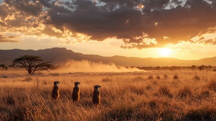 Naklejka premium Three meerkats stand in tall grass at sunset, silhouetted against a colorful sky. The sun casts a warm glow over the savannah, highlighting the beauty of nature