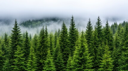 Misty mountain landscape featuring a dense forest of tall, green evergreen trees. Low lying fog or clouds partially obscure the distant mountains