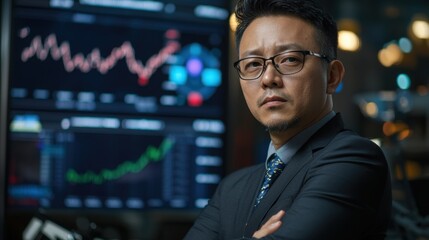 Fototapeta premium A financial analyst in formal attire stands confidently with arms crossed, analyzing stock market data displayed on screens in a contemporary office at night
