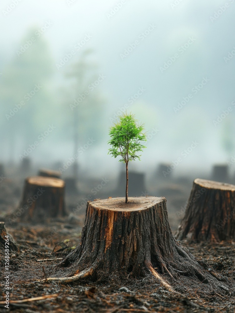 Leinwandbilder new life emerges from a tree stump in a misty forest at dawn with saplings in the background. genera