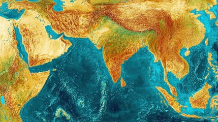 Asia elevation map, detailed terrain,  ocean background.  Possible use Education, research