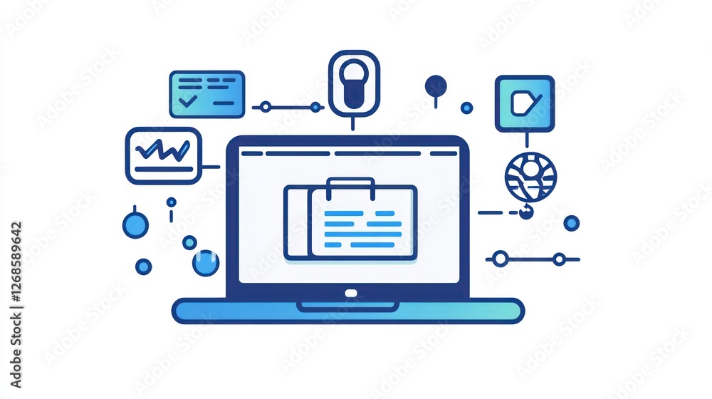 Poster laptop displaying digital documents, connected to data flow, workflow concept, web access, data anal
