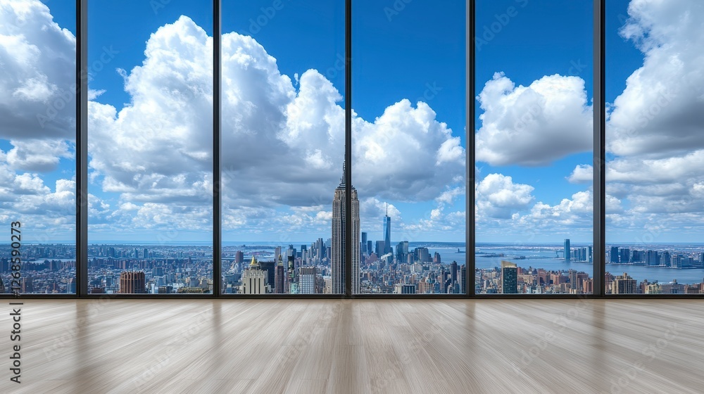 Poster high angle view of a modern, empty room with large windows offering a panoramic view of a cityscape 