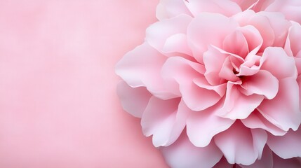 Obraz premium Close up view of a pale pink flower resting on a pink textured background. Soft lighting creates a gentle and serene atmosphere. The flower's